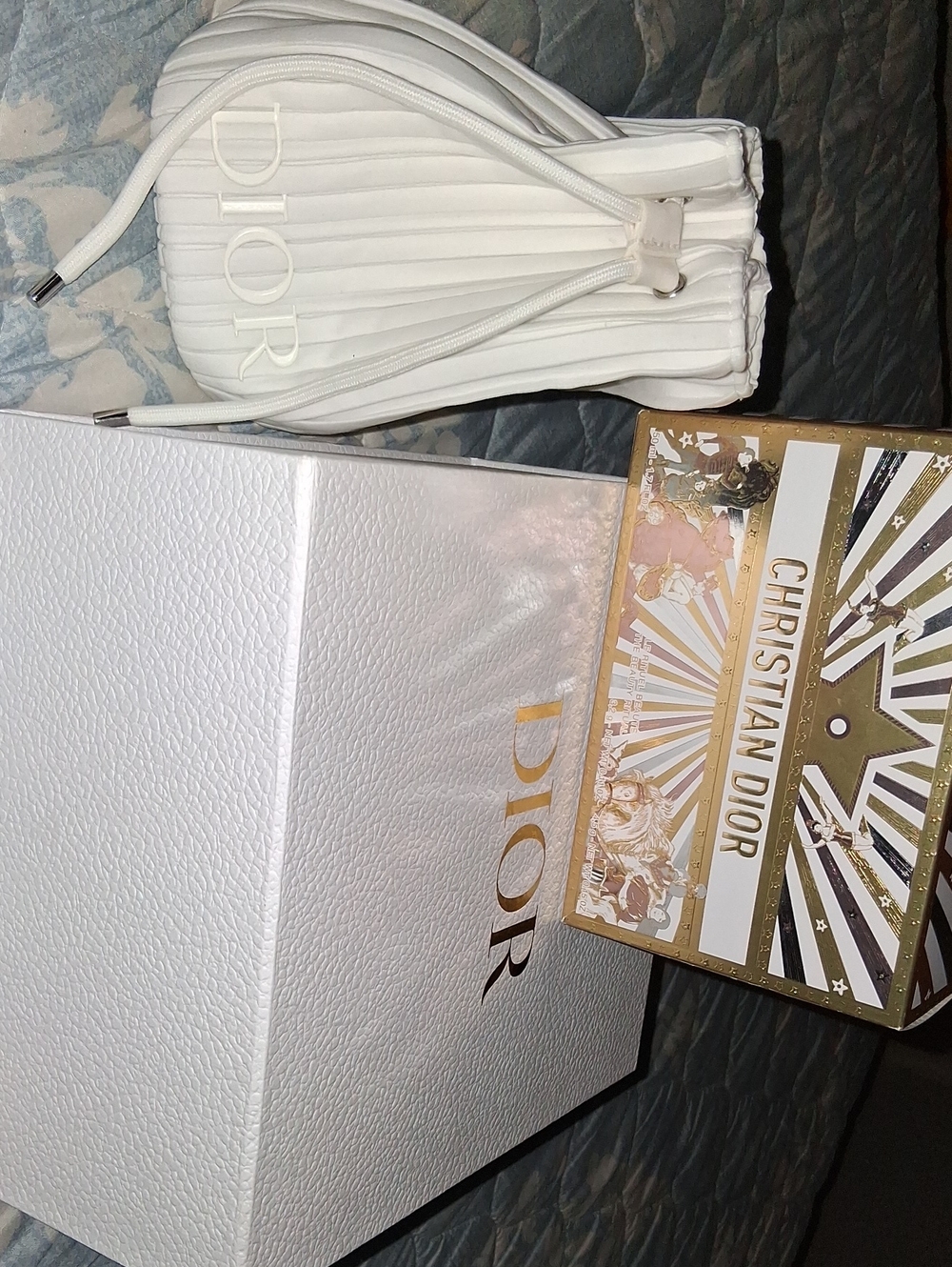Dior White Pleated Drawstring Pouch & Box And Large BOX.